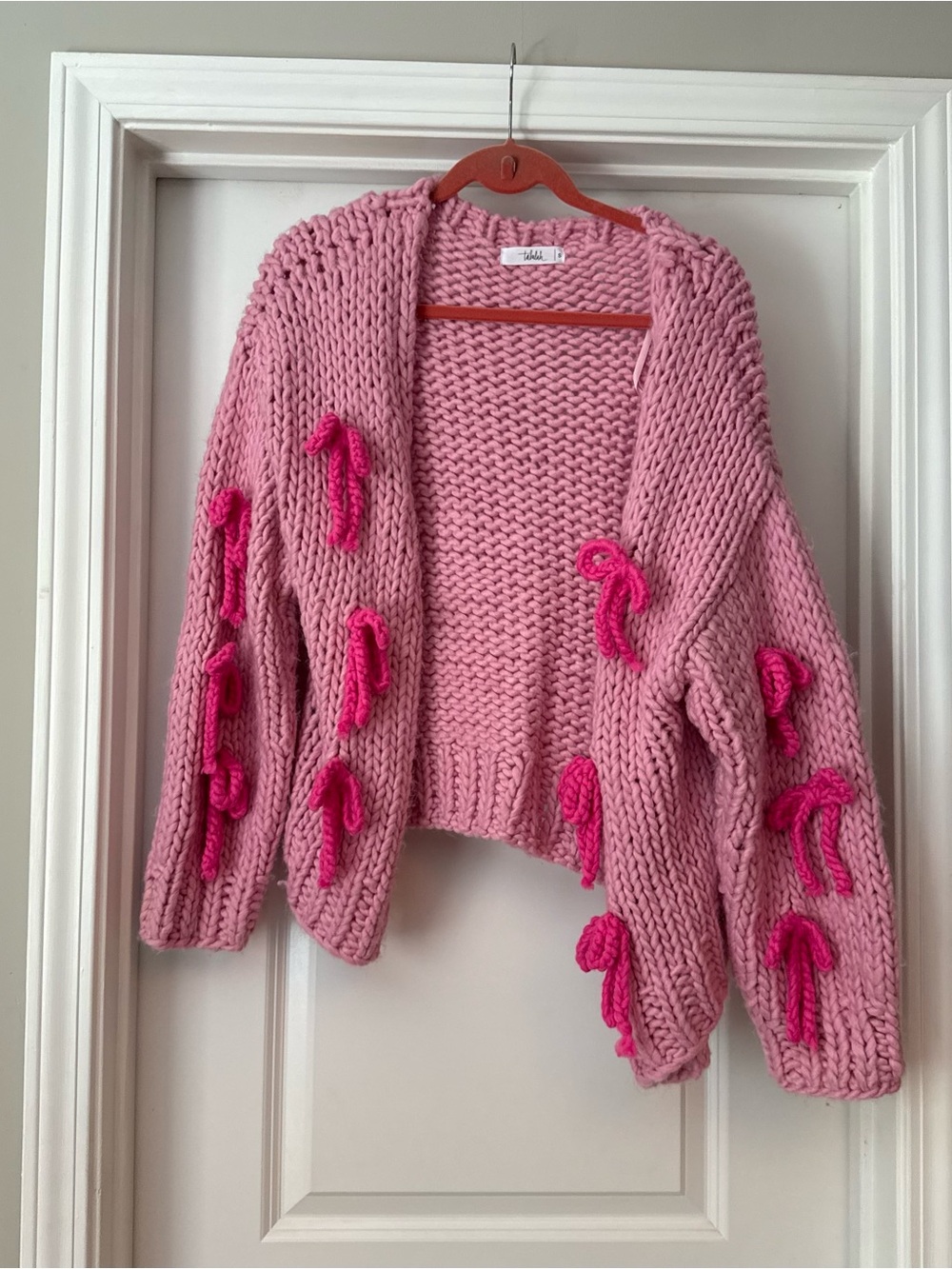 Chunky Pink Open-Front Knit Cardigan with Hearts